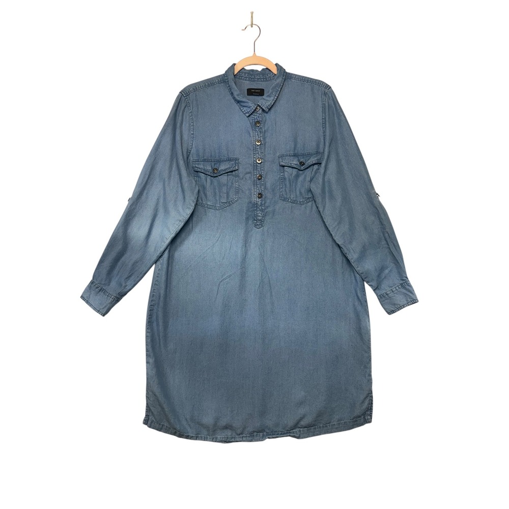 Yessica Blue Lyocell Chambray Shift Dress Women Size 44 Long Sleeve